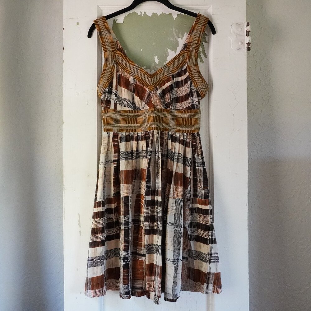 Plenty by Tracy Reese Boho Dress Size 4 Brown Plaid Embroidered V-Neck